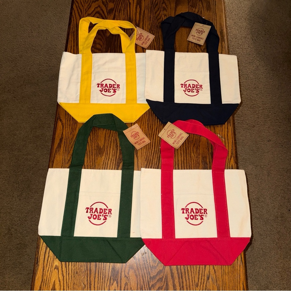 Trader Joe's Mini Canvas Tote Bag Set Of 4 Red Blue Green Yellow New